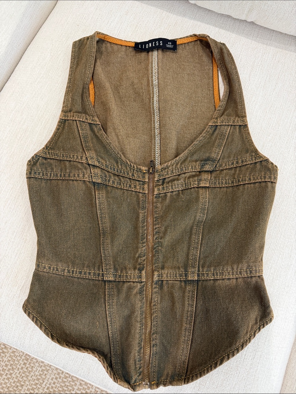 Lioness Olive Green Front Zip Denim Vest  corset